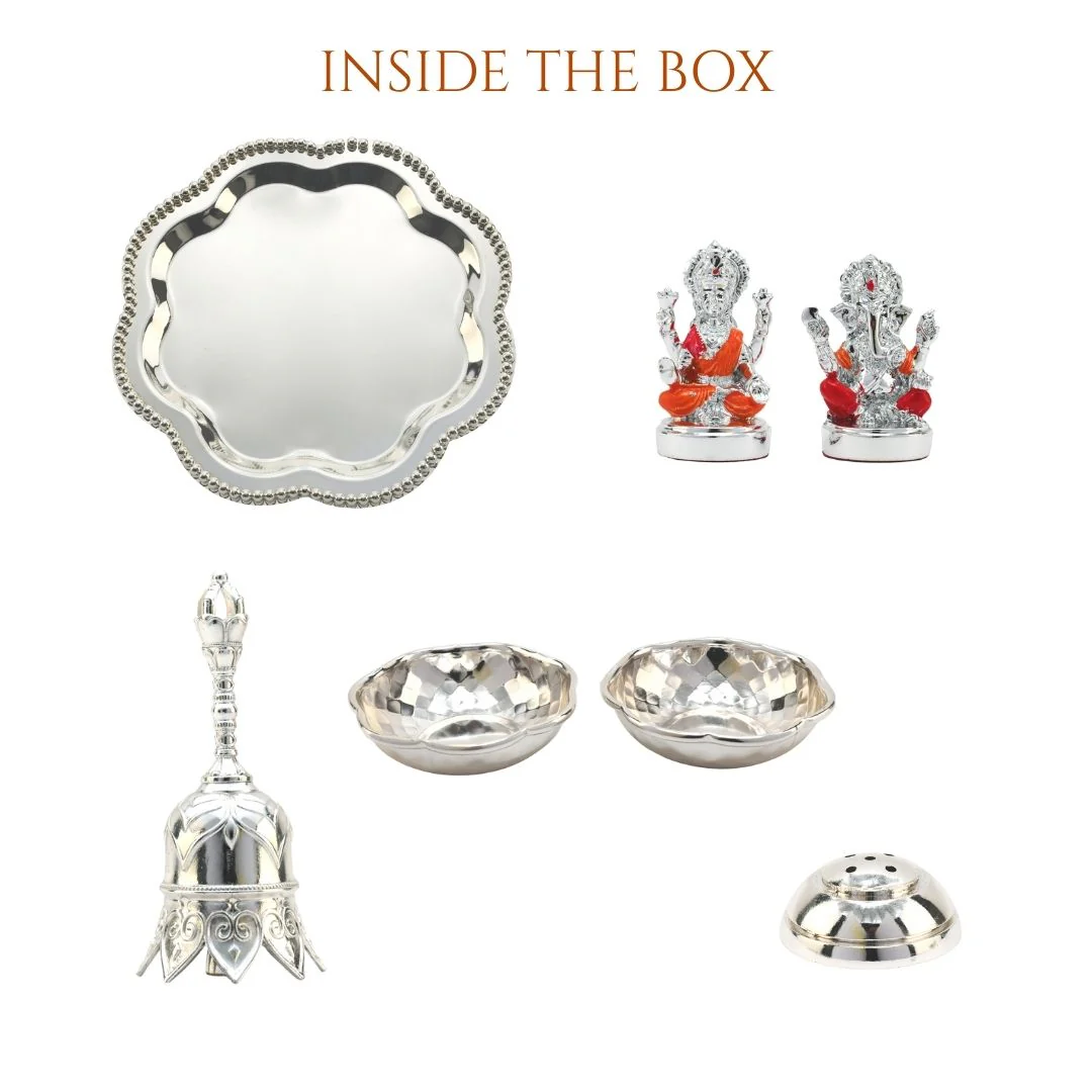 Classic Beaded Border Silver Finish German Silver Pooja Thali Set - Image 3