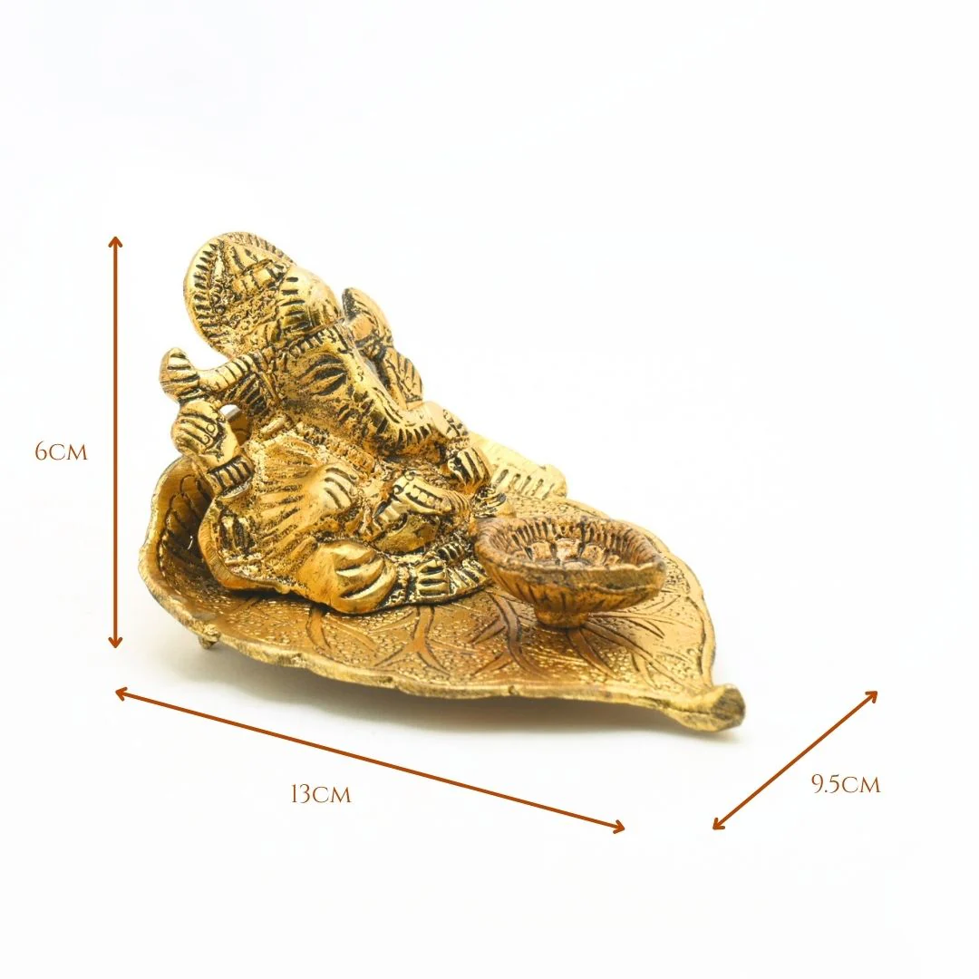 Ganesh Idol With Leaf Metal Diya - Image 3