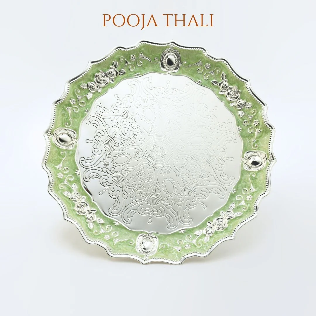 German Silver Puja Thali Set With Green Meenakari Work - Image 3