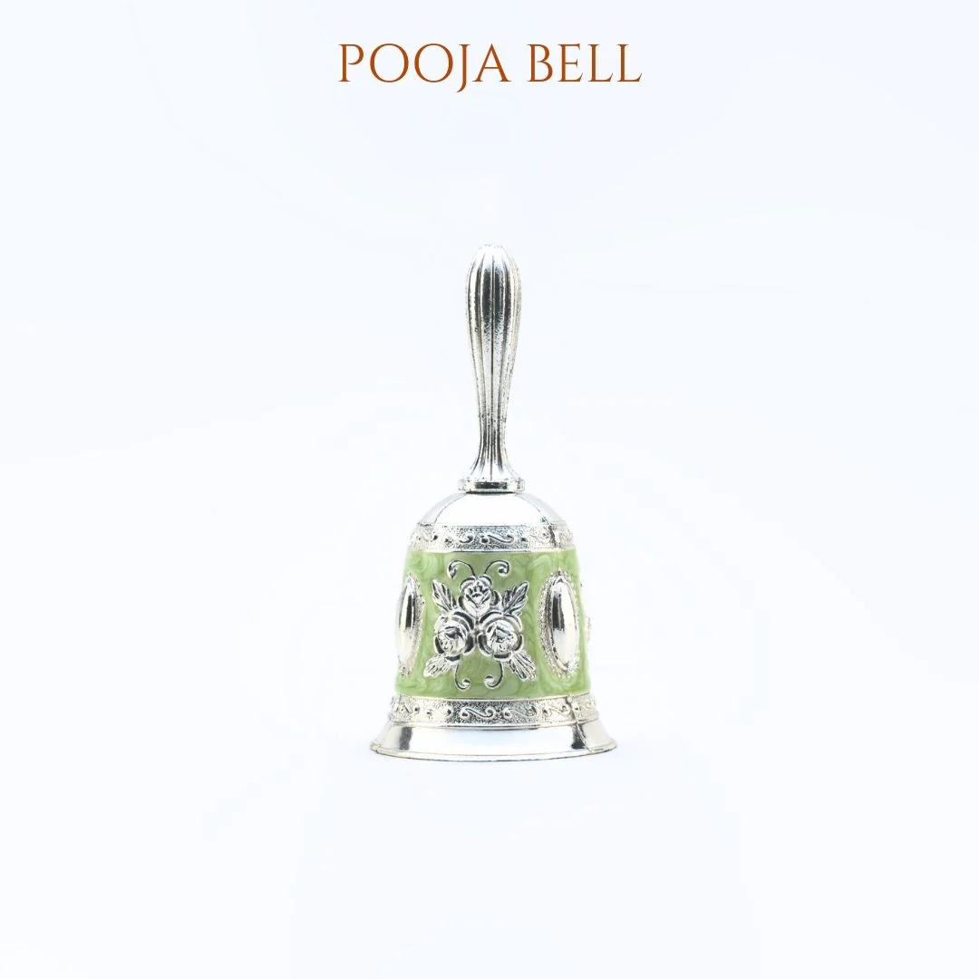 German Silver Puja Thali Set With Green Meenakari Work - Image 5