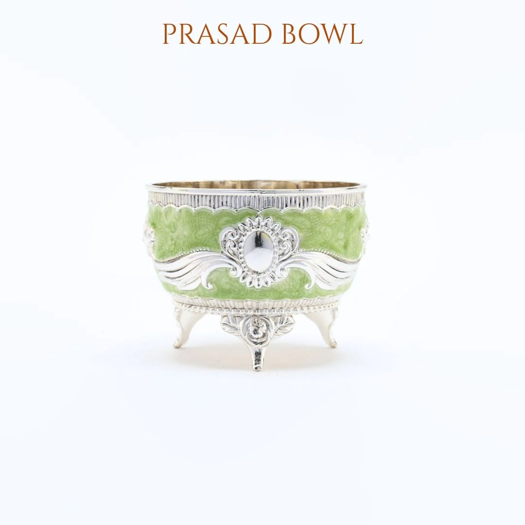 German Silver Puja Thali Set With Green Meenakari Work - Image 6