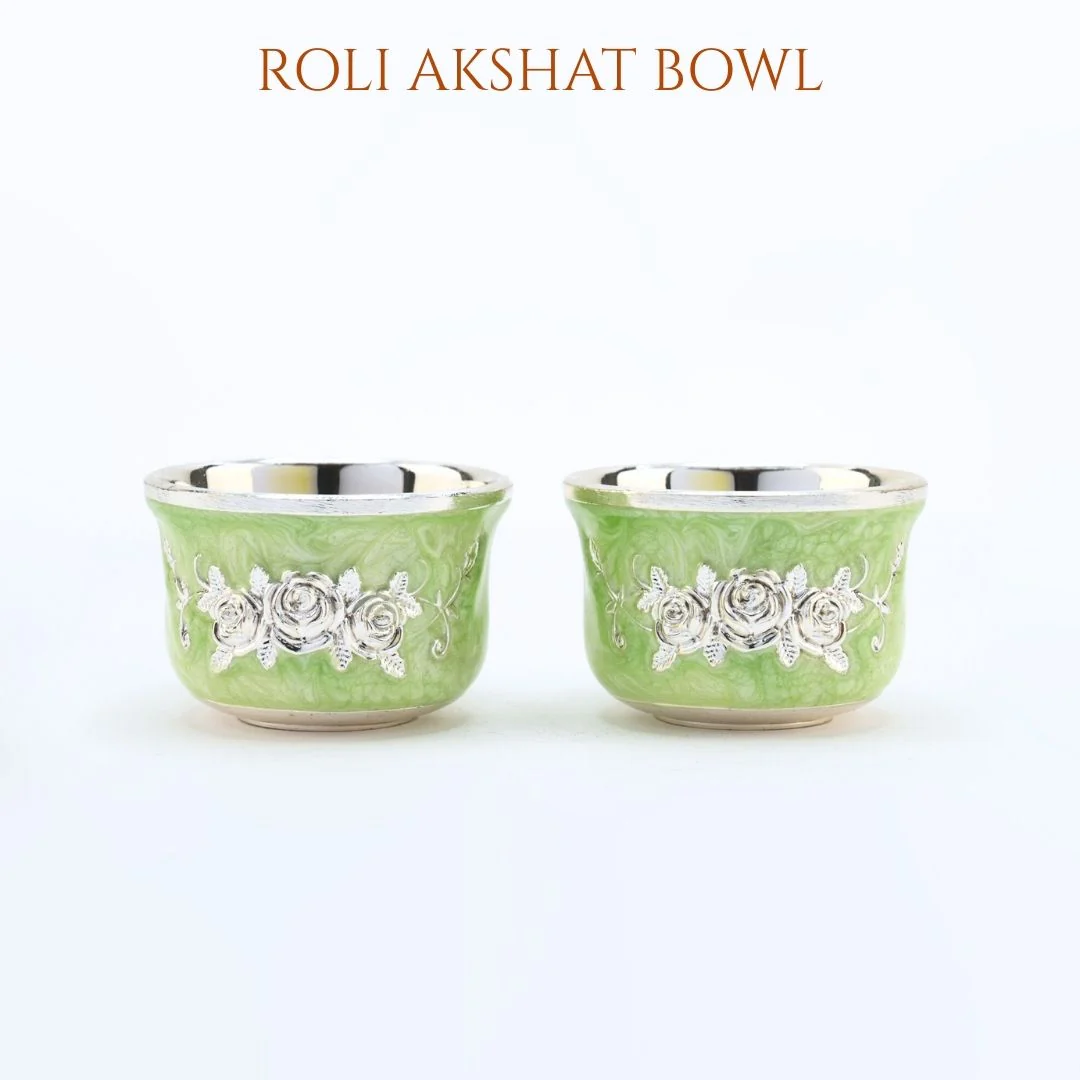 German Silver Puja Thali Set With Green Meenakari Work - Image 7