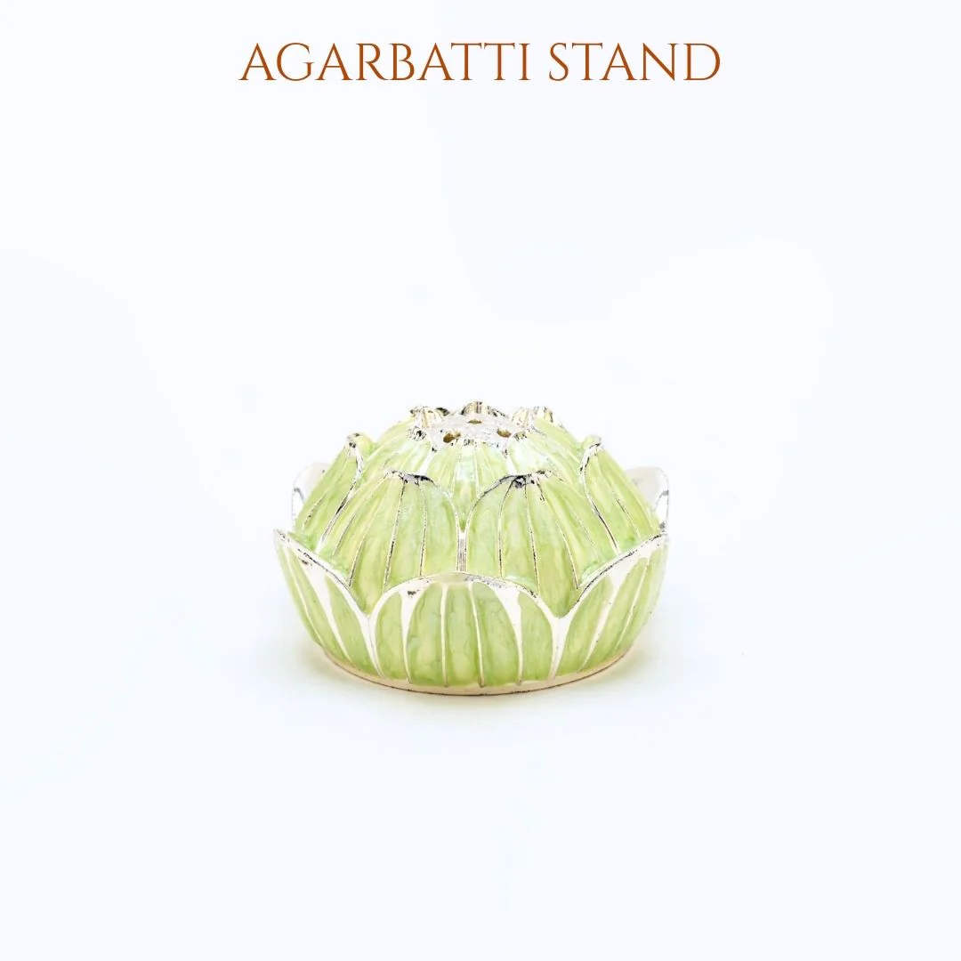 German Silver Puja Thali Set With Green Meenakari Work - Image 8